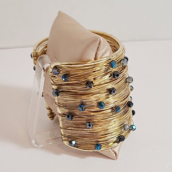 Gold Wire Wrapped Cuff Bracelet with Blue & Black Faceted Beads - Picture 4 of 8